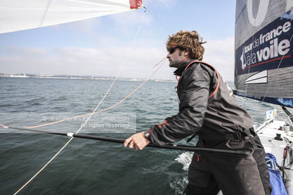 .TOUR DE FRANCE A LA VOILE 2013 - BREST 12 07 2013 - PHOTO JEAN MARIE LIOT - ONBOARD SODEBO WITH THOMAS COVILLE AND HIS CREW
