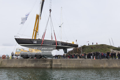 .Launch of Eric's Tabarly legendary Pen Duick II with french sailor Loïck Peyron, three times winner of The Transat, who will start the next race edition in Plymouth on may 2nd, 2016 at the helm of the historical boat - launch was in Quiberon march 24, 2016 - Photo Jean-Marie Liot   DPPI