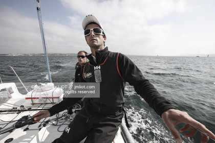 .TOUR DE FRANCE A LA VOILE 2013 - BREST 12 07 2013 - PHOTO JEAN MARIE LIOT - ONBOARD SODEBO WITH THOMAS COVILLE AND HIS CREW