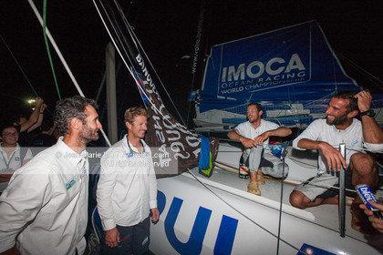 .Arrival in Imoca Banque Populaire Costa Rica on November 19, 2011. Skippers Armel Le Cleac'h and Christopher Pratt placed third in the Imocas category. Photo © Jean-marie Liot   DPPI