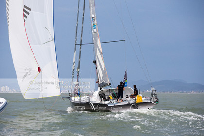 .Itajaï (Brazil) on November 18, 2015, arrival of Yannick Bestaven and Pierre Brasseur aboard the Class 40 Le Conservateur, first in the class 40 ranking..Photo © Jean-Marie Liot