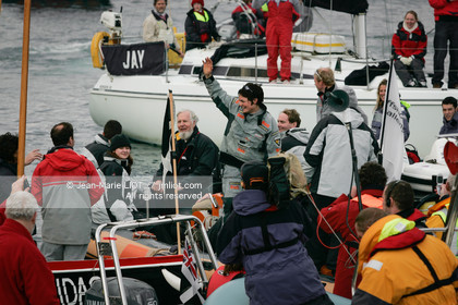 .   .Start Ellen MacArthur onboard maxi-trimaran B&Q Castorama, trying to beat Solo Handed Round the World record, in Falmouth (GB), on november 27, 2004, photo : Jean-Marie LIOT - www.jmliot.com