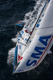 ..Paul Meilhat and Michel Desjoyeaux (Fra) training onboard IMOCA SMA before the start of Transat Jacques Vabre 2015 from Le Havre to Itajai off Groix, 16 09 2015, Photo © Jean-Marie LIOT   DPPI