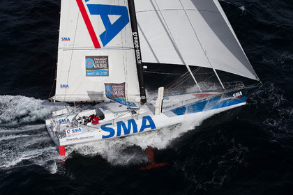..Paul Meilhat and Michel Desjoyeaux (Fra) training onboard IMOCA SMA before the start of Transat Jacques Vabre 2015 from Le Havre to Itajai off Groix, 16 09 2015, Photo © Jean-Marie LIOT   DPPI