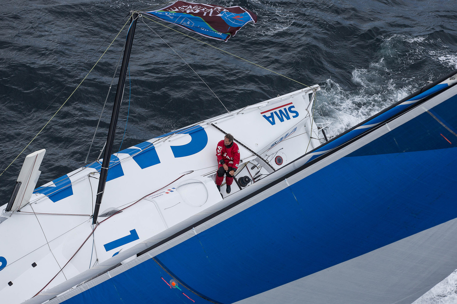 Paul Meilhat et Michel Desjoyeaux à l'entrainement sur IMOCA SMA avant le départ de la Transat Jacques vabre 2015 au départ du Havre et à destination de Itajaï au Brésil..Groix, 16 09 2015, Photo © Jean-Marie LIOT   DPPI.