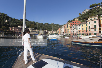 .Portofino,  the pretty port  in Italian is located in the hollow of a cove on the Ligurian coast. This small fishing port became one of the most exclusive resorts in Italy , however, has not lost its charm ..Photo © Jean -Marie Liot