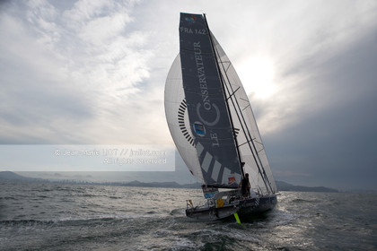 .Itajaï (Brazil) on November 18, 2015, arrival of Yannick Bestaven and Pierre Brasseur aboard the Class 40 Le Conservateur, first in the class 40 ranking..Photo © Jean-Marie Liot