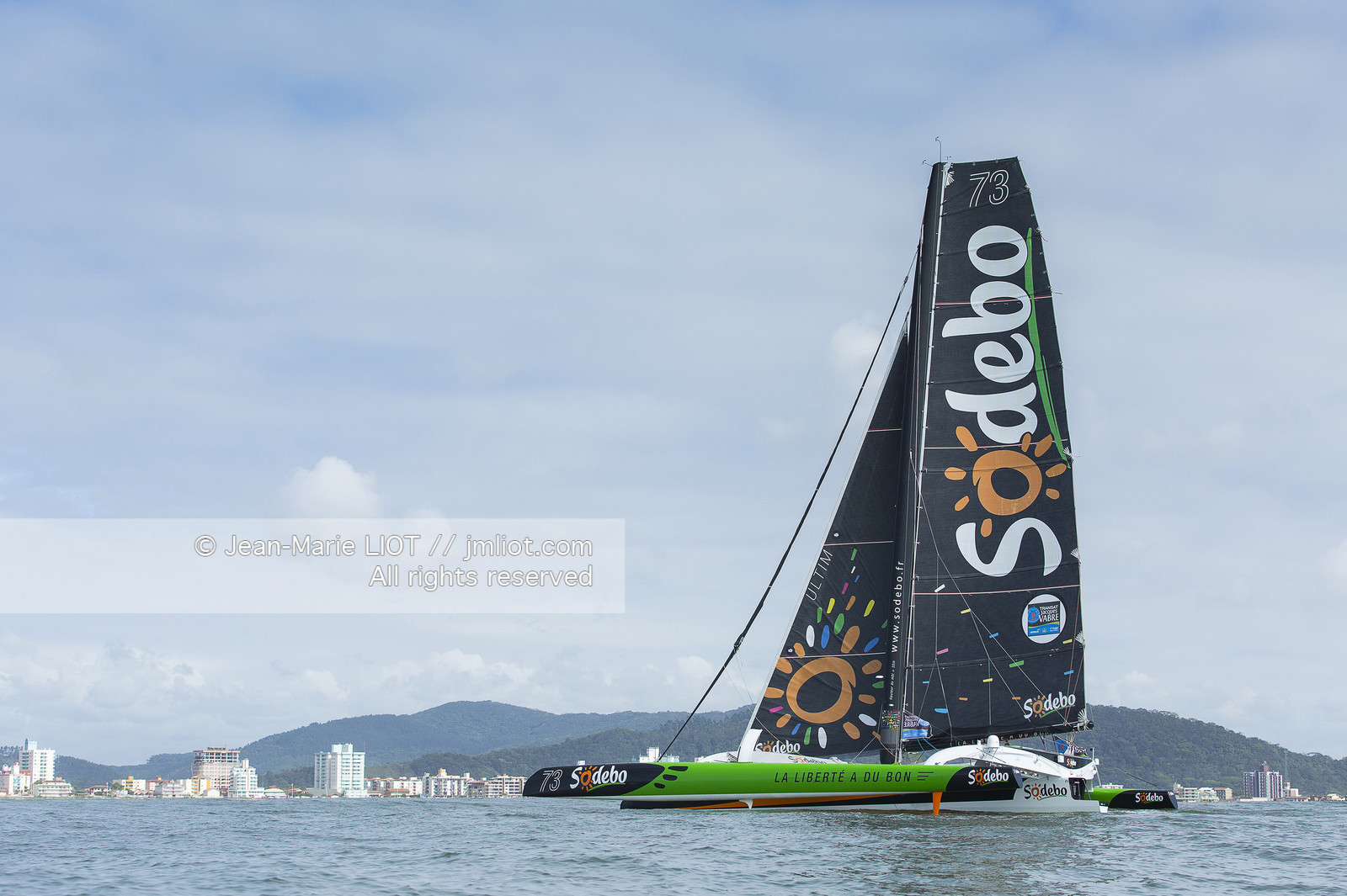 Itajaï(Brésil), samedi 7 novembre 2015, Thomas Coville et Jean-Luc Nélias deuxiémes au classement Ultim de la Transat Jacques Vabre sur SODEBO. Photo © JEAN-MARIE LIOT   DPPI.