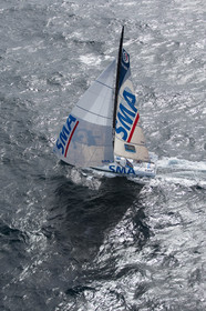..Paul Meilhat and Michel Desjoyeaux (Fra) training onboard IMOCA SMA before the start of Transat Jacques Vabre 2015 from Le Havre to Itajai off Groix, 16 09 2015, Photo © Jean-Marie LIOT   DPPI