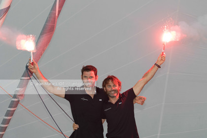 .Itajaï (Brazil) on November 18, 2015, arrival of Yannick Bestaven and Pierre Brasseur aboard the Class 40 Le Conservateur, first in the class 40 ranking..Photo © Jean-Marie Liot