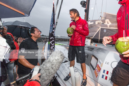 .Itajaï (Brazil) on November 18, 2015, arrival of Yannick Bestaven and Pierre Brasseur aboard the Class 40 Le Conservateur, first in the class 40 ranking..Photo © Jean-Marie Liot