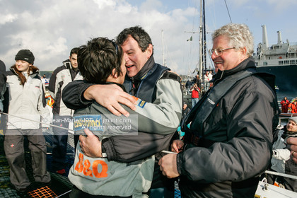 .   .Start Ellen MacArthur onboard maxi-trimaran B&Q Castorama, trying to beat Solo Handed Round the World record, in Falmouth (GB), on november 27, 2004, photo : Jean-Marie LIOT - www.jmliot.com
