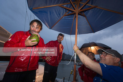 .Itajaï (Brazil) on November 18, 2015, arrival of Yannick Bestaven and Pierre Brasseur aboard the Class 40 Le Conservateur, first in the class 40 ranking..Photo © Jean-Marie Liot