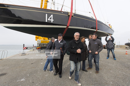 .Launch of Eric's Tabarly legendary Pen Duick II with french sailor Loïck Peyron, three times winner of The Transat, who will start the next race edition in Plymouth on may 2nd, 2016 at the helm of the historical boat - launch was in Quiberon march 24, 2016 - Photo Jean-Marie Liot   DPPI