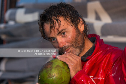 .Itajaï (Brazil) on November 18, 2015, arrival of Yannick Bestaven and Pierre Brasseur aboard the Class 40 Le Conservateur, first in the class 40 ranking..Photo © Jean-Marie Liot