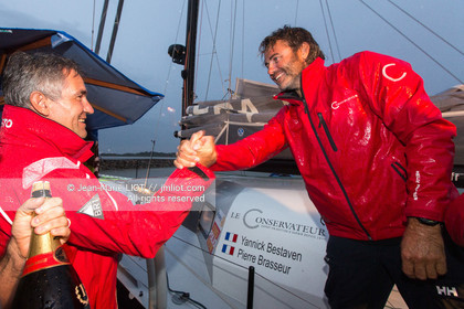 .Itajaï (Brazil) on November 18, 2015, arrival of Yannick Bestaven and Pierre Brasseur aboard the Class 40 Le Conservateur, first in the class 40 ranking..Photo © Jean-Marie Liot