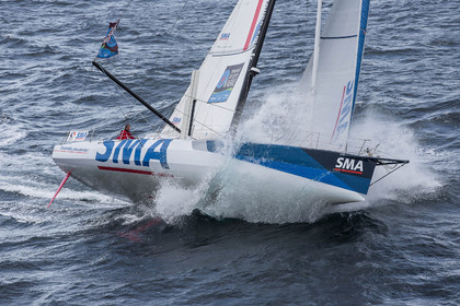 ..Paul Meilhat and Michel Desjoyeaux (Fra) training onboard IMOCA SMA before the start of Transat Jacques Vabre 2015 from Le Havre to Itajai off Groix, 16 09 2015, Photo © Jean-Marie LIOT   DPPI