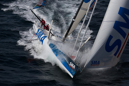 ..Paul Meilhat and Michel Desjoyeaux (Fra) training onboard IMOCA SMA before the start of Transat Jacques Vabre 2015 from Le Havre to Itajai off Groix, 16 09 2015, Photo © Jean-Marie LIOT   DPPI