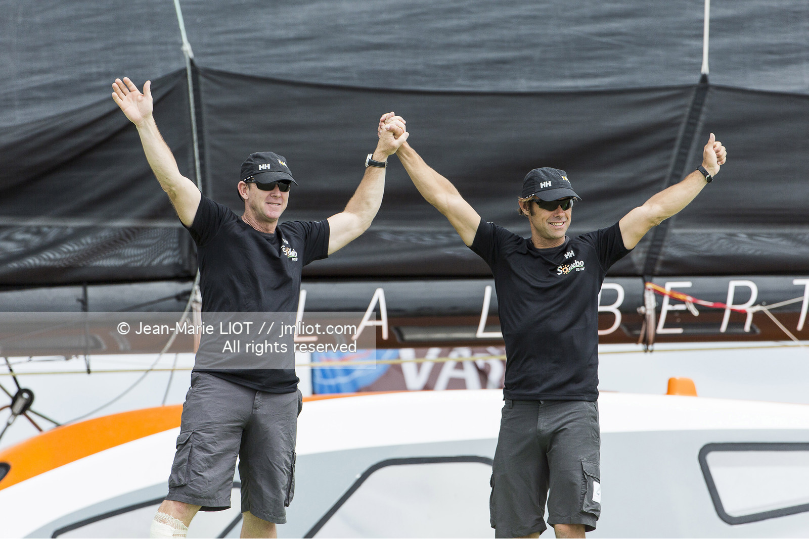 Itajaï(Brésil), samedi 7 novembre 2015, Thomas Coville et Jean-Luc Nélias deuxiémes au classement Ultim de la Transat Jacques Vabre sur SODEBO. Photo © JEAN-MARIE LIOT   DPPI.