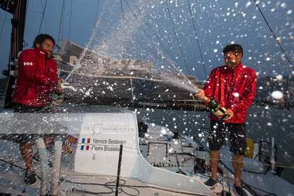 .Itajaï (Brazil) on November 18, 2015, arrival of Yannick Bestaven and Pierre Brasseur aboard the Class 40 Le Conservateur, first in the class 40 ranking..Photo © Jean-Marie Liot