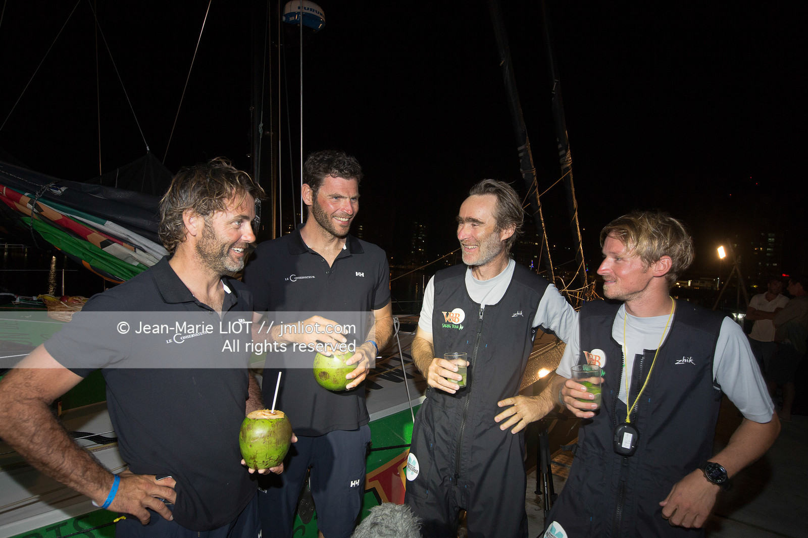 .Itajaï (Brazil) on November 18, 2015, arrival of Yannick Bestaven and Pierre Brasseur aboard the Class 40 Le Conservateur, first in the class 40 ranking..Photo © Jean-Marie Liot