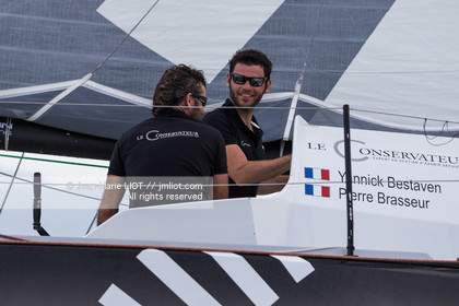 .Itajaï (Brazil) on November 18, 2015, arrival of Yannick Bestaven and Pierre Brasseur aboard the Class 40 Le Conservateur, first in the class 40 ranking..Photo © Jean-Marie Liot